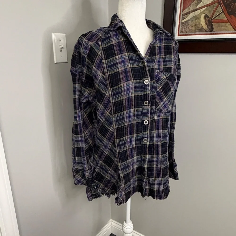 Free People Purple Plaid Grommet Detail Frayed Hem Cotton Shirt Small